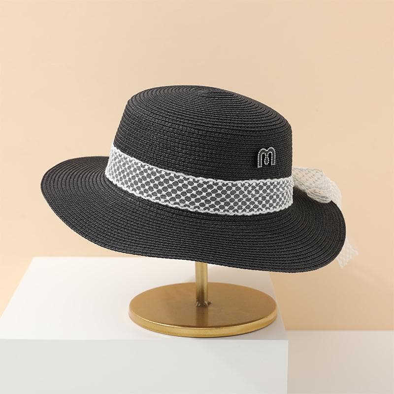 Hat Women's Summer Temperament Elegant Pearl Black Straw Hat Spring Casual Fashion Strap Plaid Visor Women's Sun Protection black