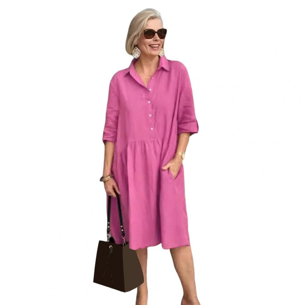 Women Lapel A-Line Dress Vintage Solid Color Pocket Midi Dress Loose Casual Summer Short Sleeve Shirts Dress for Party Travel Be M rose red