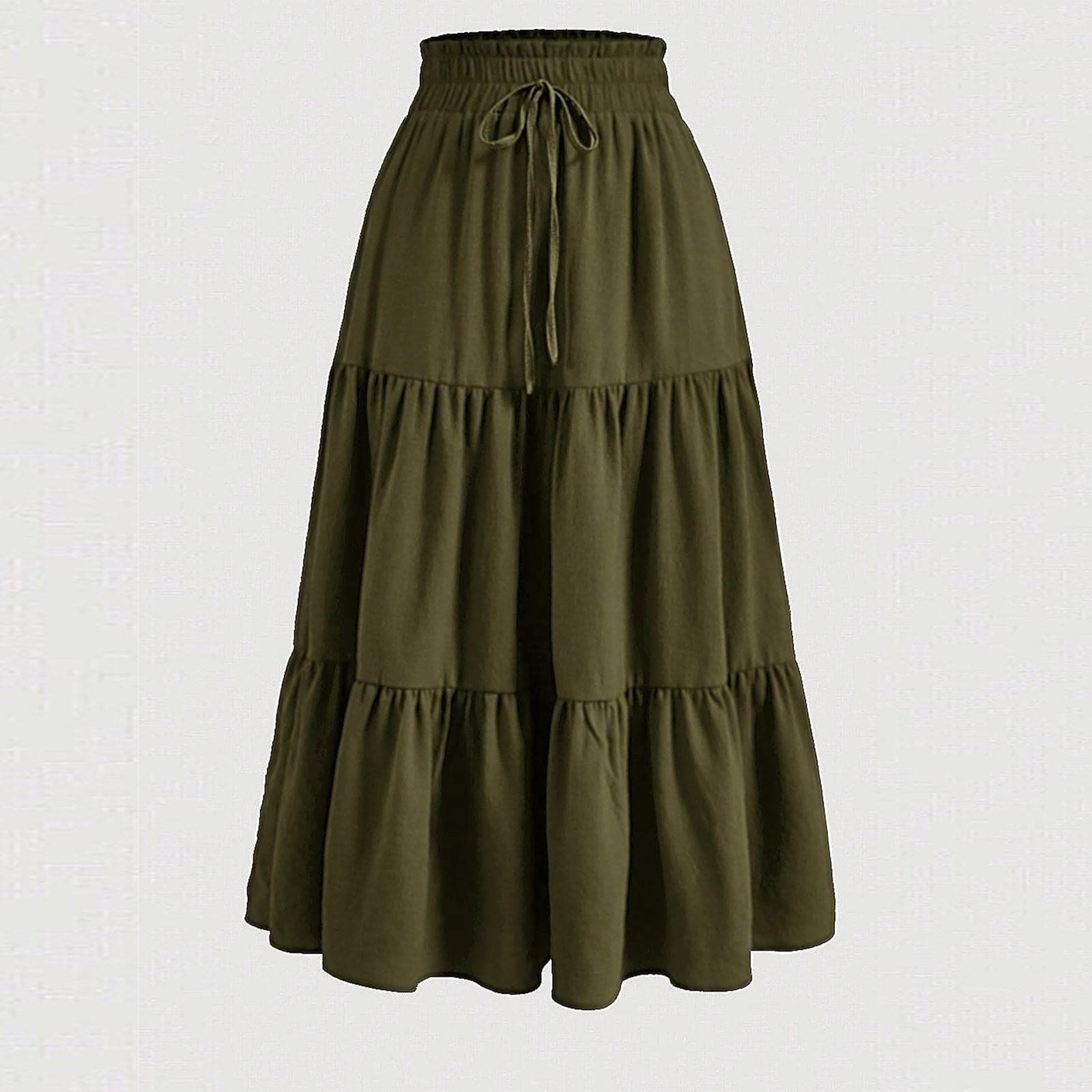 Women's Fashion Solid Color Floral Drawstring Elastic Waist Loose Long Skirt L army green