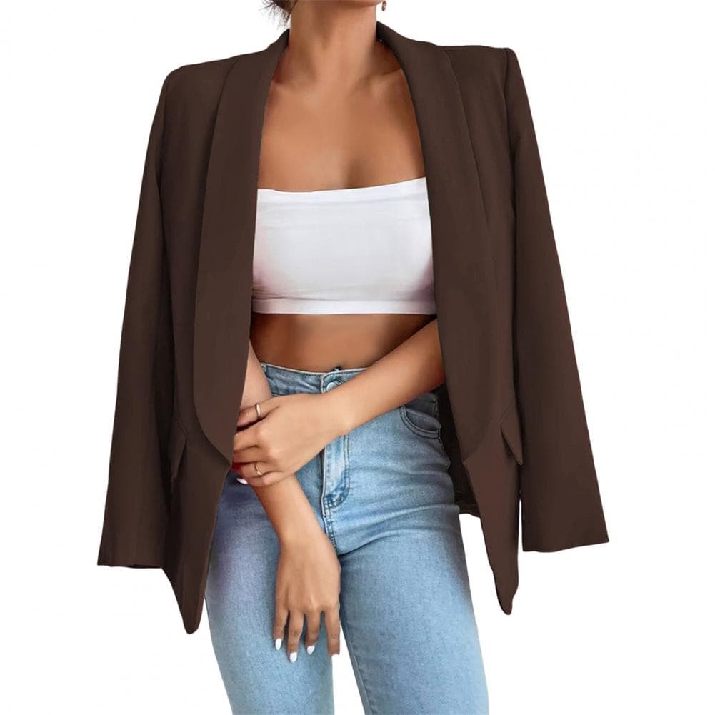 Women Suit Coat Lapel Long Sleeve Open Front Unbuttoned Placket Suit Jacket Solid Color Loose Fit Business Outwear M coffee