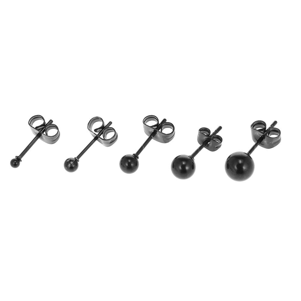Surgical Stainless Steel Round Ball Ear Studs Earrings 5 Pair Set Assorted Sizes For Men Women black