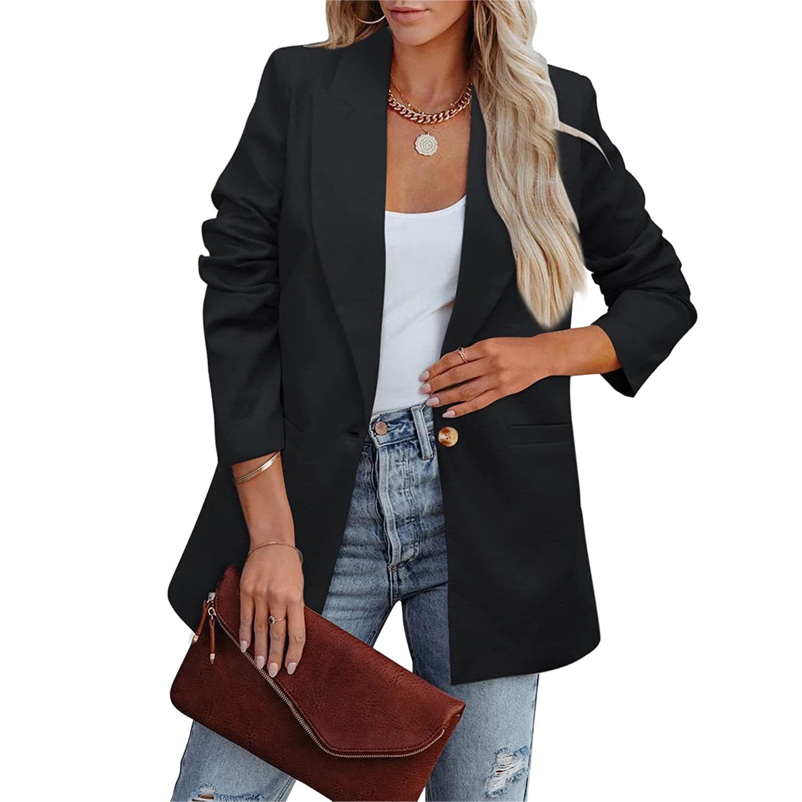 Women Suit Jacket Long Sleeve Pure Color Leisure Style Soft Polyester Women Blazer for Business XXL black