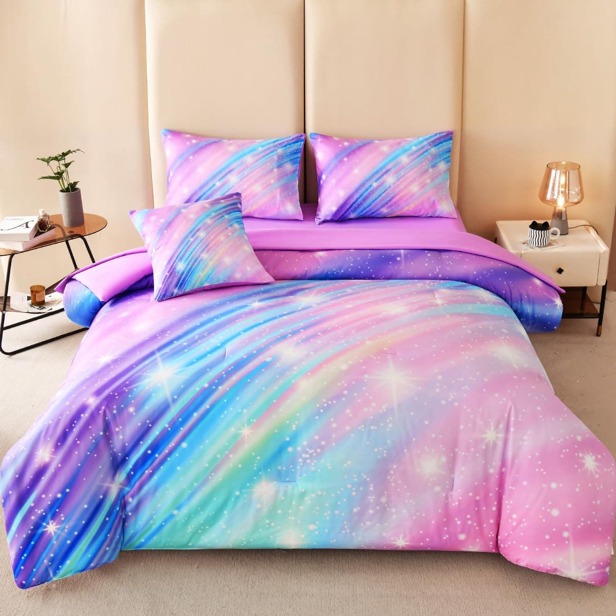 Galaxy Comforter Sets, 3D Outer Space Themed Bedding, All-Season Quilted Duvet, for Children Boy Girl Teen Kids with Pillow Sham 155x215cm 3pcs