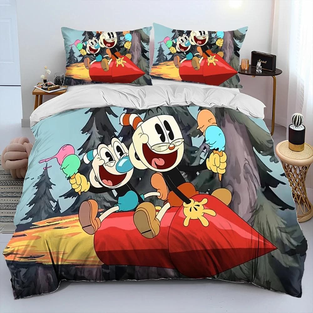 Cuphead and Mugman,Game Gamer Comforter Bedding Set,Duvet Cover Bed Set Quilt Cover Pillowcase,King Queen Size Bedding Set Boys 150x200cm 3pcs