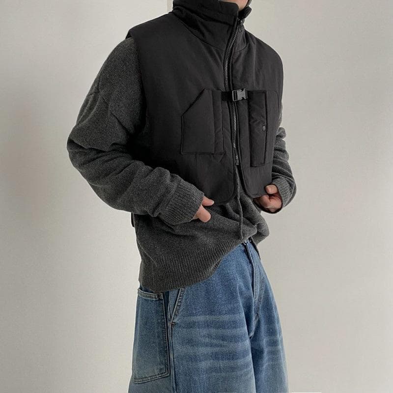 Designed Stand-up Collar Workwear Vest Men's Winter New Korean Style Loose Casual Waistcoat 2XL black
