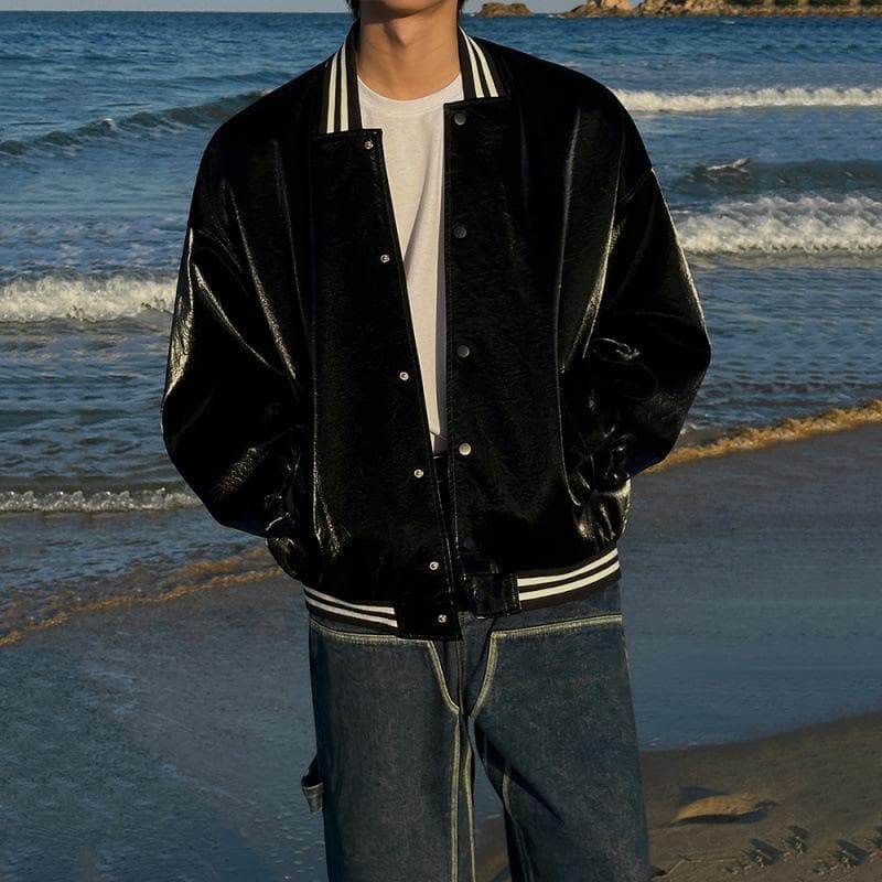 Pi Shuai Contrast Color Leather Jacket Men's Autumn and Winter Loose Baseball Uniform Korean Style Trendy Aviator Leather Jacket 2XL black