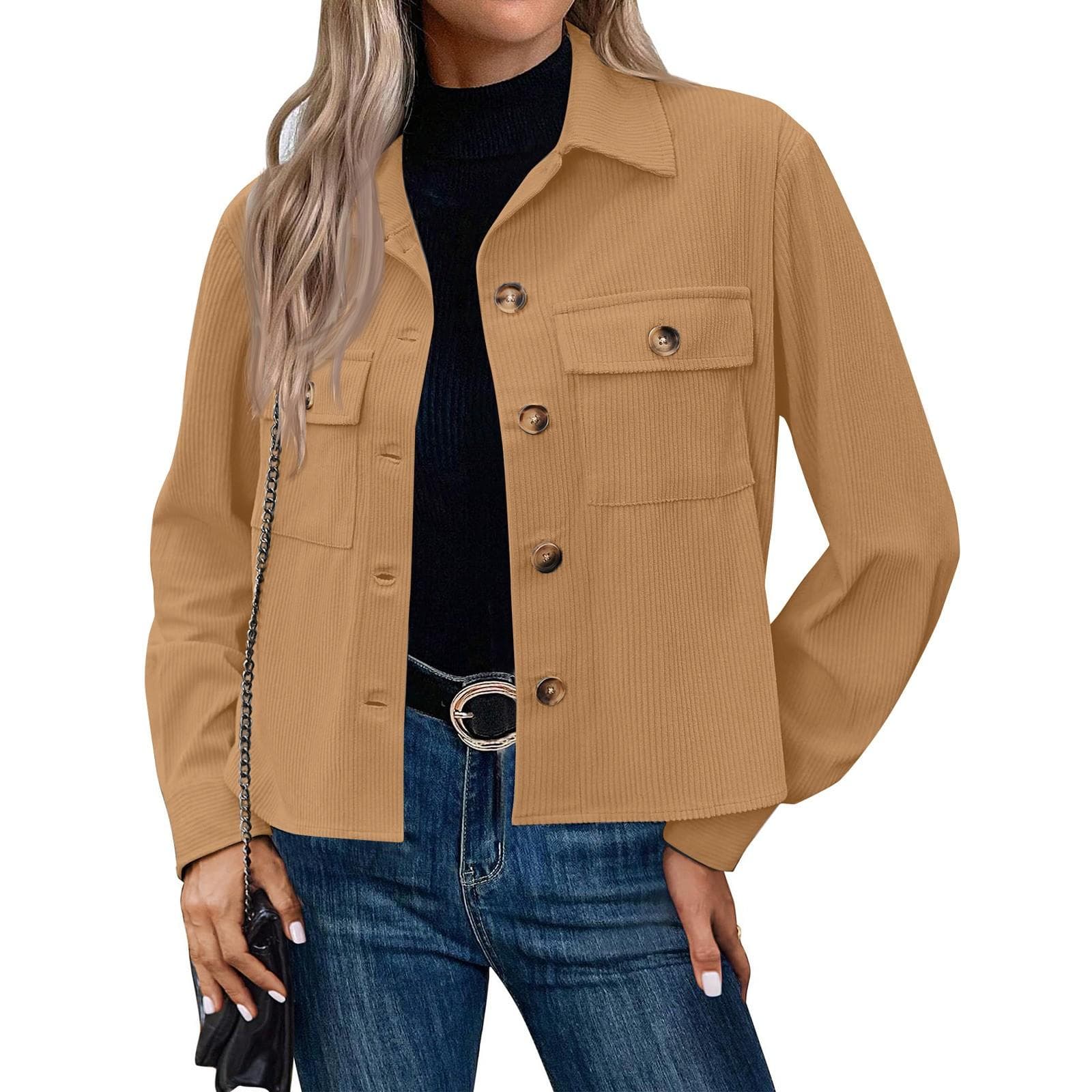 Women's Solid Color Casual Short Corduroy Button Jacket S khaki