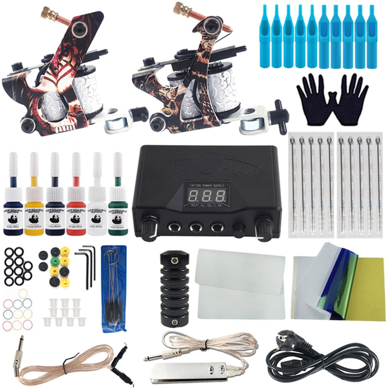 Complete Tattoo Kit for Beginners 2 Tattoo Machine Kit Tattoo Power Supply Tattoo Ink Cups Tattoo EU Plug multicolour