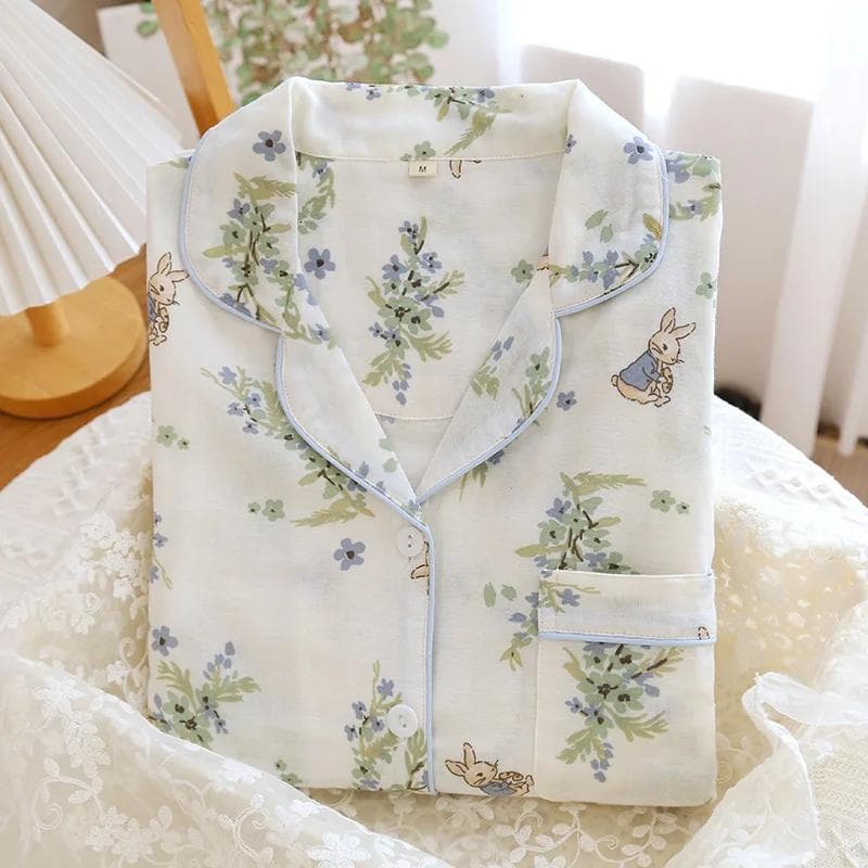 Spring and Summer New Women's Pajamas Set 100% Cotton Double-layer Gauze Long-sleeved Two-piece Set Cartoon Cute and Sweet Home L