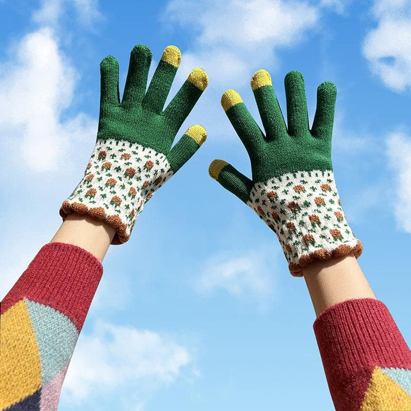 Cute Vintage Colorful Flower Knitted Hand Gloves Women Girl Touch Screen Thick Wool Warm Glove Winter Ski Ride Windproof Mittens green