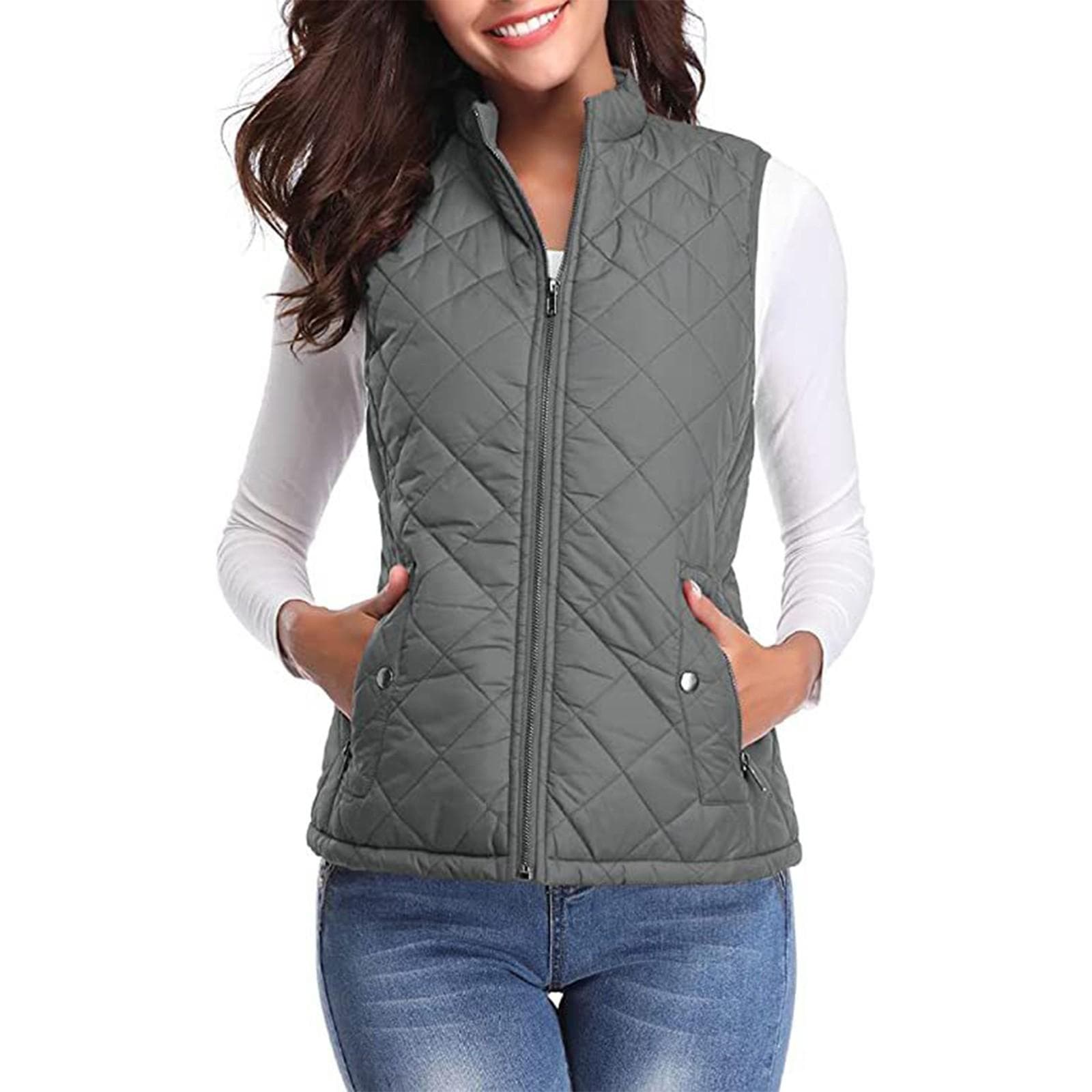 Women's Fashion Casual Solid Color Stand Collar Zipper Pocket Warm Cotton Vest Coat S