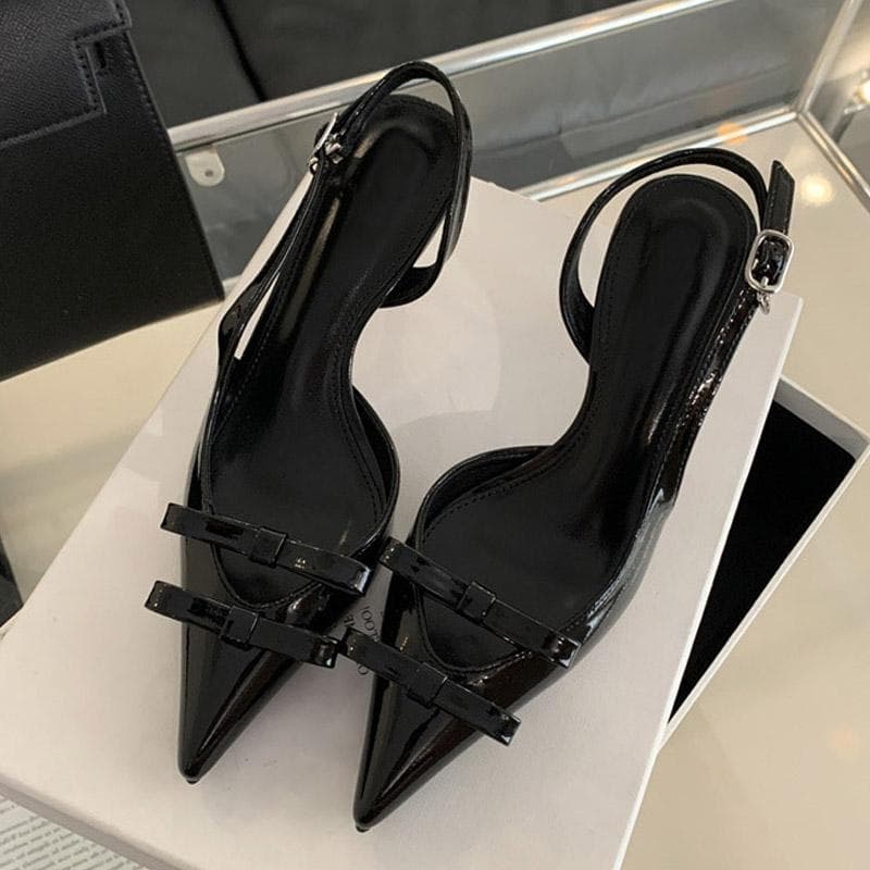 Liyke White Bowknot Stilettos Slingbacks Pumps Women Pointed Toe Patent Leather High Heels Party Prom Shoes Back Buckle Sandals 35 black