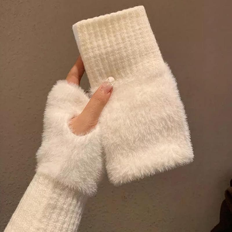 Mink Fleece Soft Winter Half Finger Gloves Women Warm Luxury Solid White Plush Knitted Fingerless Gloves Wrist Mittens Writtingc white