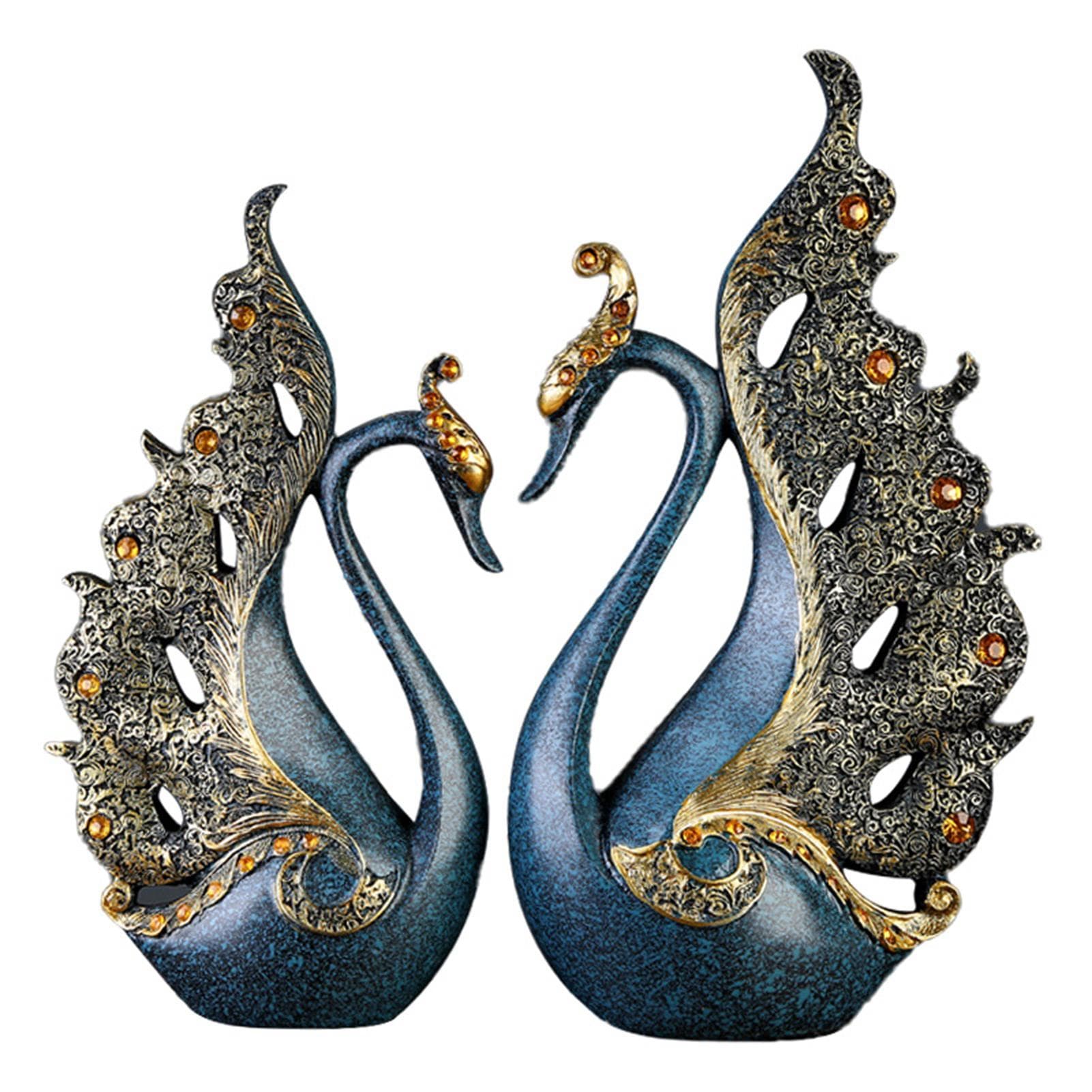 2PCS Peacock Ornaments Natural Resin Desktop Peacock Sculpture for Wine Cabinet TV Cabinet Home 30cm/11.8in Height blue