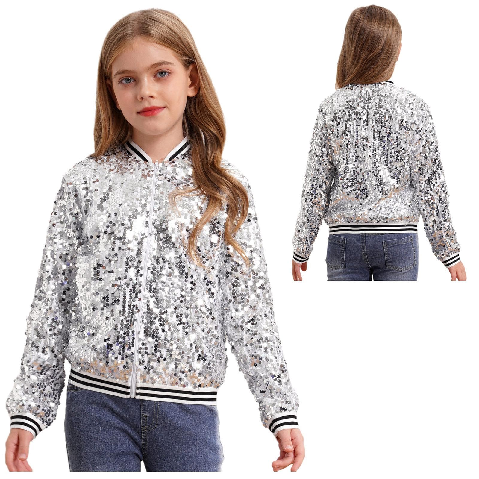 Boys Girls Baseball Jacket Coat Spring Autumn Fashion Sequins Long Sleeve Zipper Outerwear Street Dancing Party Bomber Jackets 7-8 Years silver