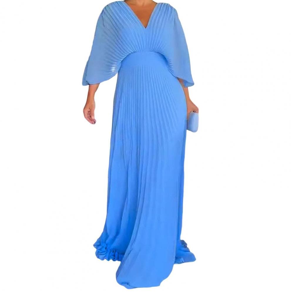 Women Dress Elegant Pleated V Neck Maxi Dress for Women Dolman Sleeves Evening Gown with Slim Waist Full Length Skirt for Party L sky blue
