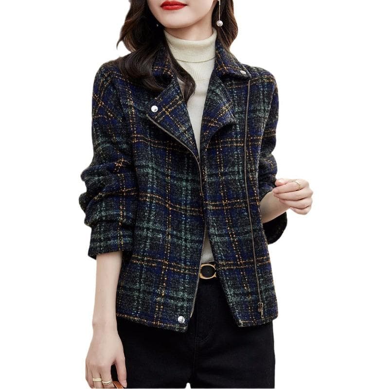 Spring and Autumn Korean Version of Casual Woolen Women's Coat Plaid Woolen Coat 3XL