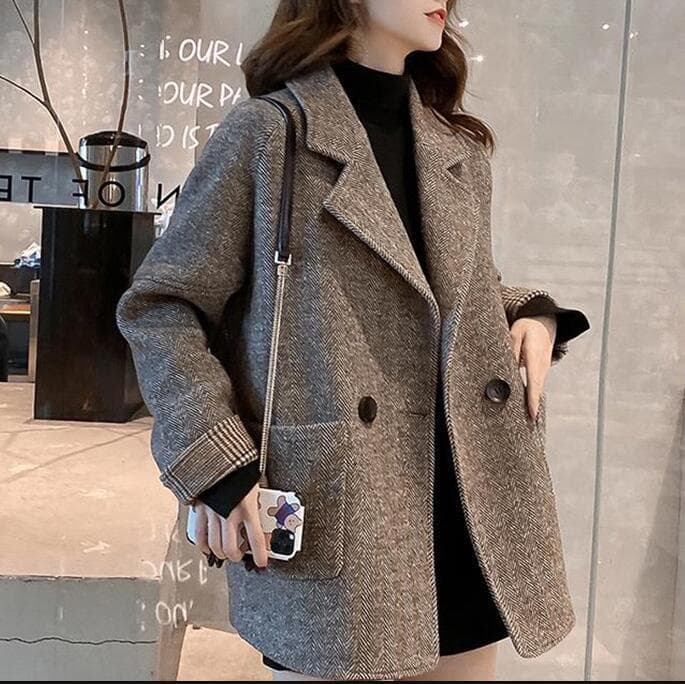 Fashionable British Wool Coat Women Autumn Winter Casual Loose Collar Pocket Windproof Jacket L grey