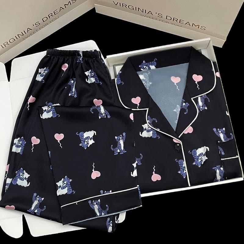Pajamas for Women, Satin Long-sleeved Pajamas, Pajamas Set, Floral Print Ice Silk, Can Be Worn Outside, Home Wear Pajamas L