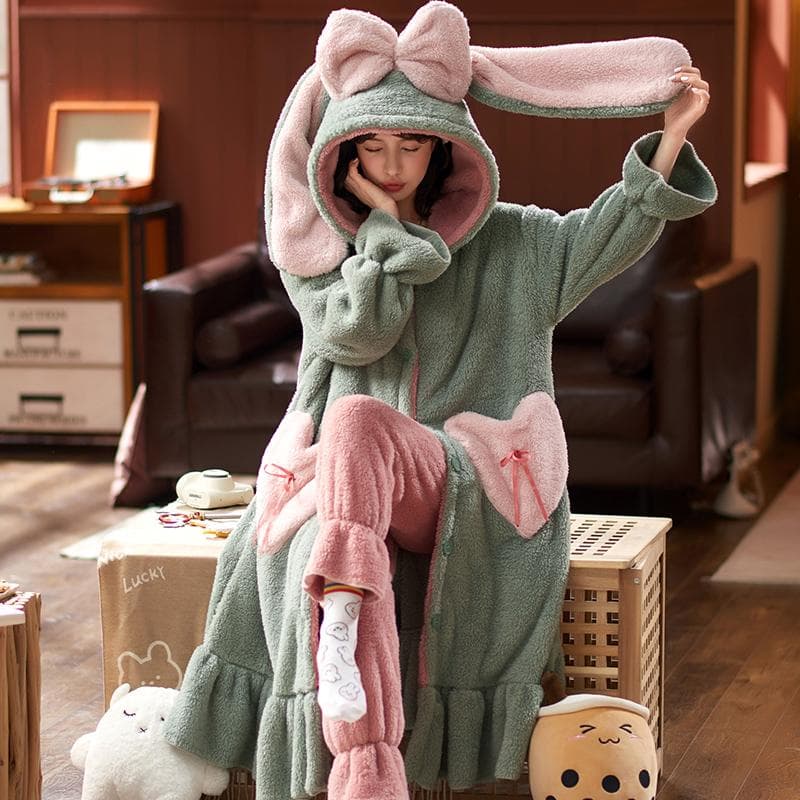 Cartoon Thicken Kimono Bathrobe Women's Dressing Gown Pajamas Hooded Robes Coral Fleece Sleepwear Winter Coats for Home Clothes XXL