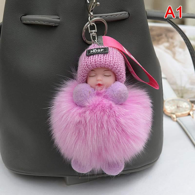 Pompom Sleeping Baby Keychain Cute Fluffy Plush Doll Keychains