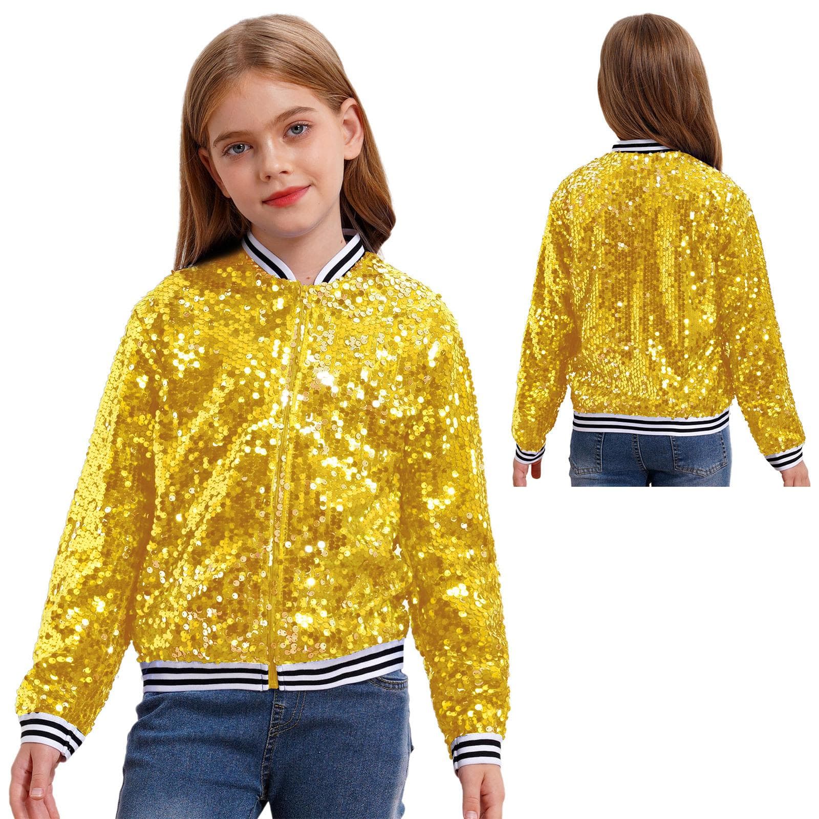 Boys Girls Baseball Jacket Coat Spring Autumn Fashion Sequins Long Sleeve Zipper Outerwear Street Dancing Party Bomber Jackets 5-6 Years gold