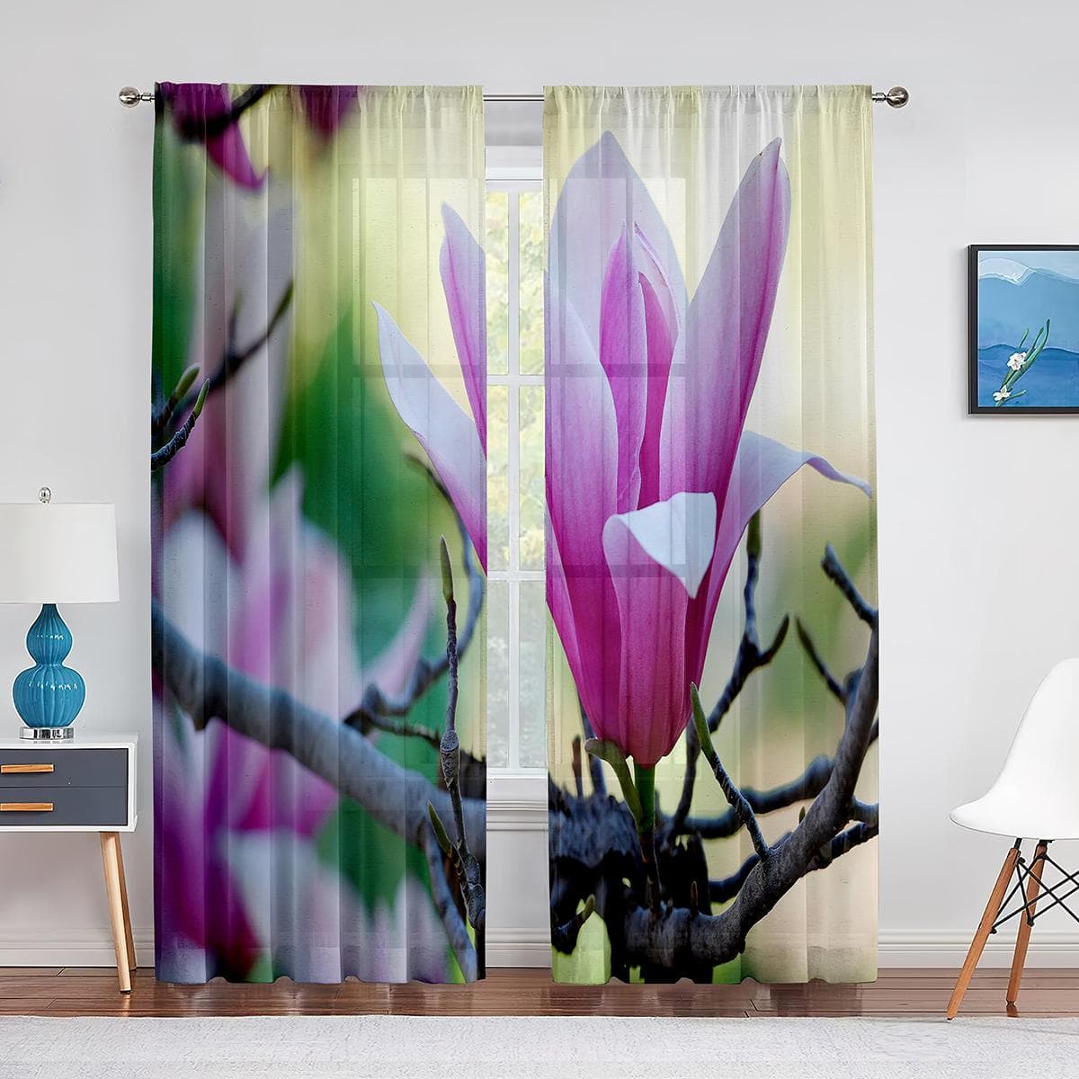 White Magnolia Floral Sheer Curtain for Living Room Kitchen Window Bedroom Decoration Flower Voile Hanging Elegant Tulle Curtain 1 PCS W100XH250cm&Grommet Top