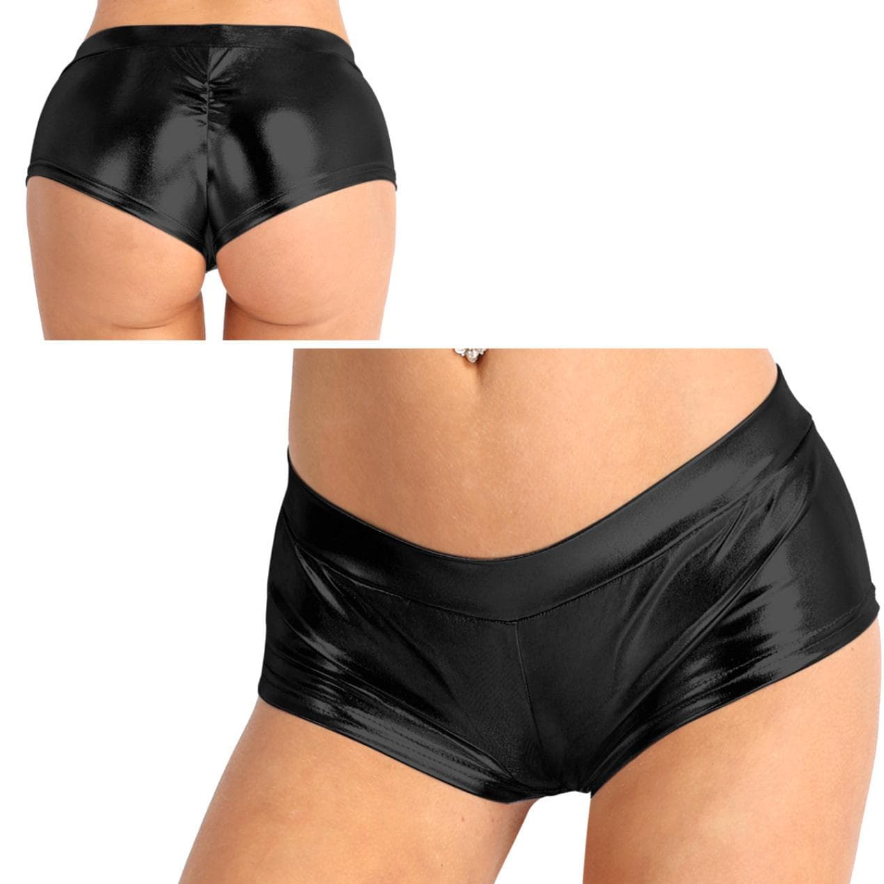 Womens Sexy Shiny Stretchy Metallic Liquid Wet Look High Waist Dance Rave Booty Shorts Hot Pants S black
