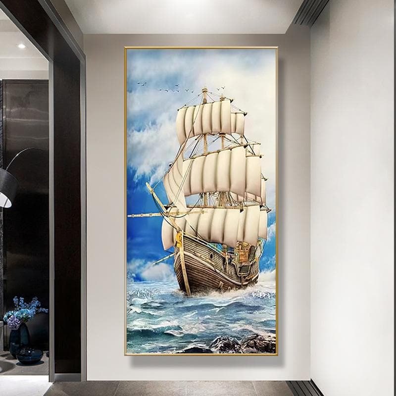 Golden Boat Ship Canvas Painting Lucky Stone Zen Posters Landscape Wall Art Pictures for Living Room Porch Decor 30x60cm isabelline