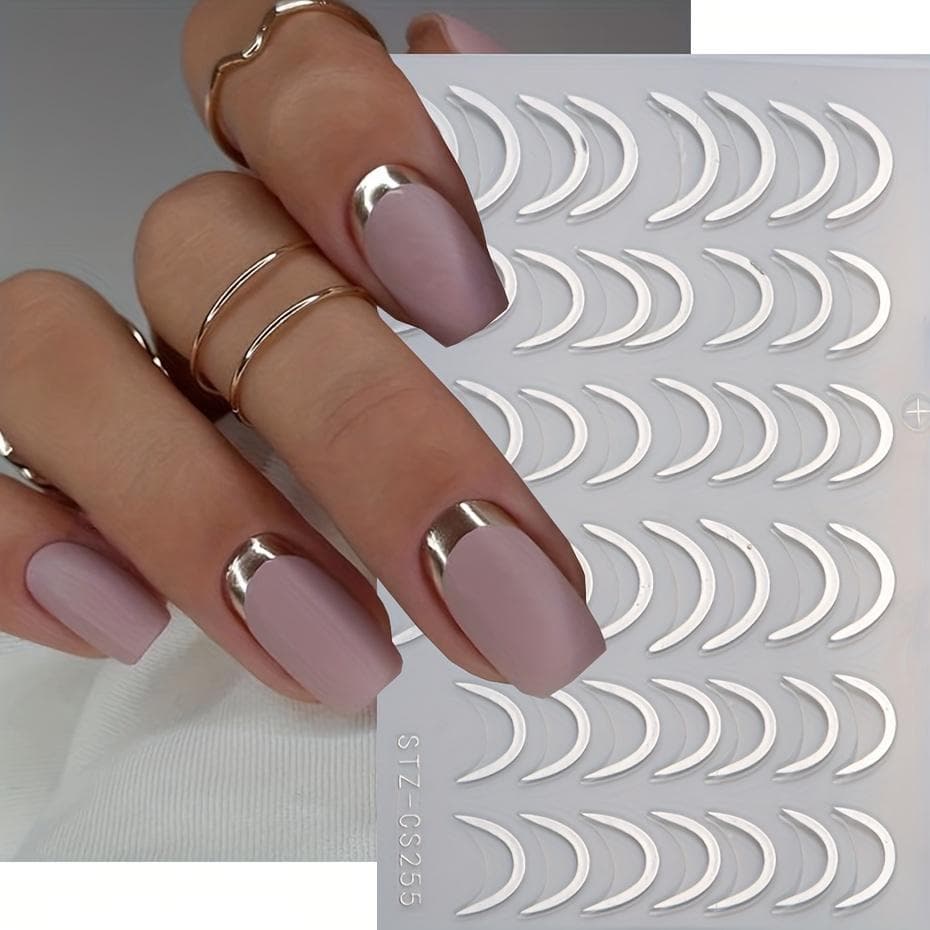 3D Simple French Tips Nail Stickers Sliver Gold Metal Stripe Line Decals Curve Nails Art Sliders Manicure Decor silver