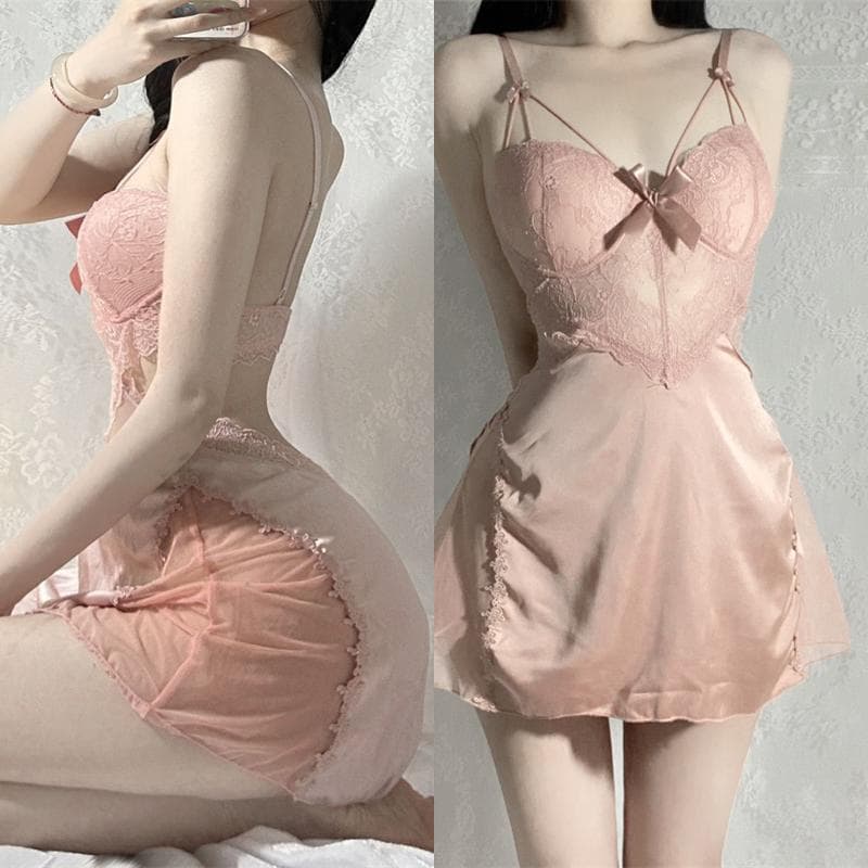 Sexy Lace 2 Piece Robe Pajama Set Backless Suspender Nightgown Underwear Spring Summer Satin Pajamas Loose Home Wear XL