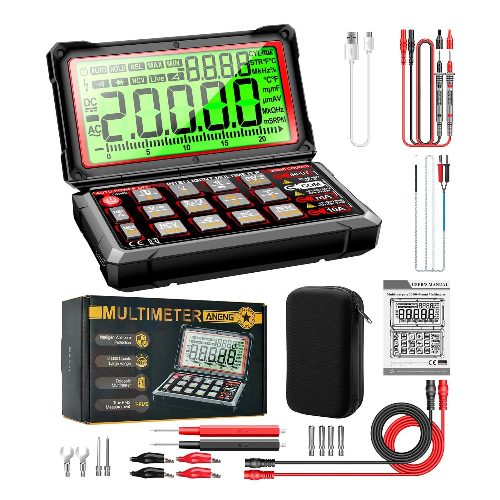 ANENG 623 Car Multimeter Digital Multimeter 20000 Counts RPM mS PLUSE Engine Dwell Angle Measure High configuration version black