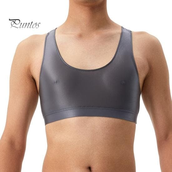 Men Sexy Glossy Silky Vest O-neck Sleeveless Racerback Tank Tops Solid Color Skinny Smooth Surface Tops 2XL grey