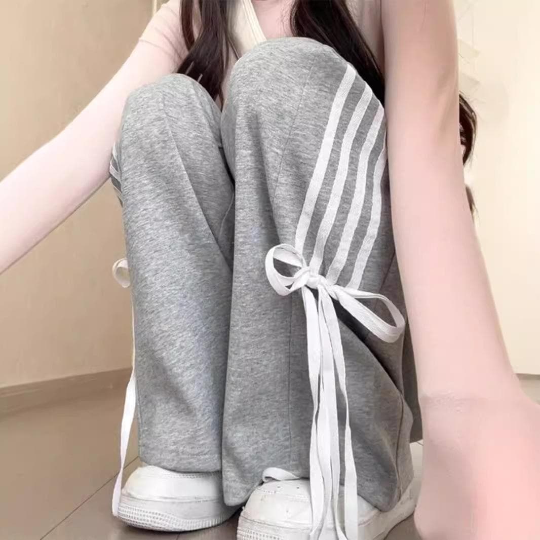 Straight Casual Pants for Women Early Spring Bows Loose Drape Sweatpants Black Floor Wide-leg Pants S grey