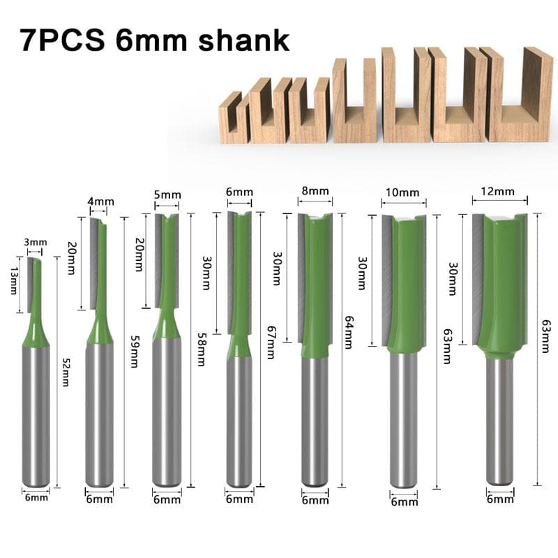 1/7pcs 6mm 1/4inch Shank Single Double Flute Straight Bit Milling Cutter for Wood Tungsten Carbide Router Bit Woodwork Tool 7pcs 6mm shank green