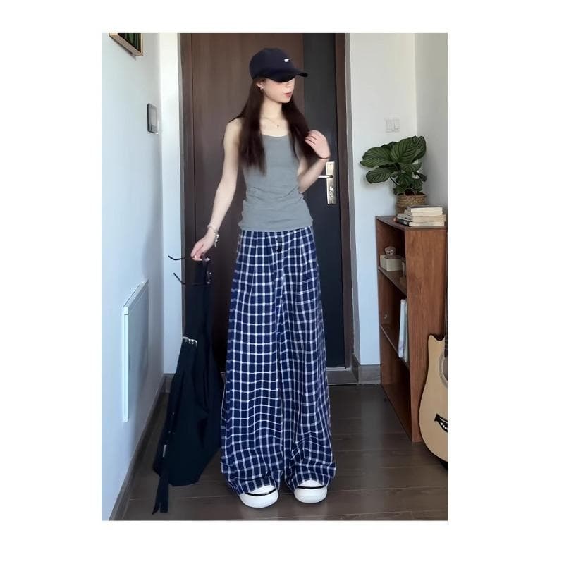 Plaid Wide-leg Pants for Women's New Spring and Autumn Style High Waist Casual Straight-down Drape Loose Lazy Style Patterned Pants XL