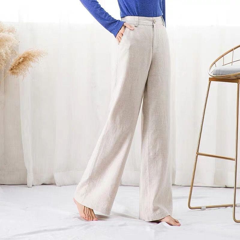 Summer Womens Pants Cotton Linen Waist Colors Wide Leg Trousers Female Street Style S beige