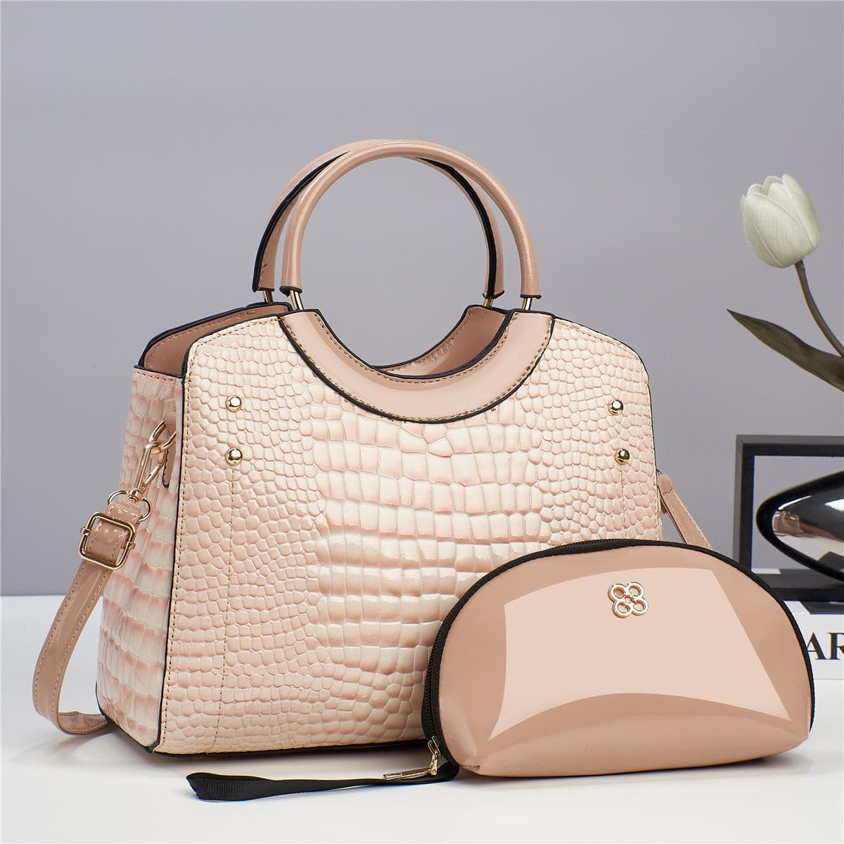 WTEMPO 1PC Large Bag + 1PC Small Bag Set Crocodile Patterned Large Capacity Handbags Women's Crossbody Bags Retro Solid Color Shoulder Bags 13*23*28cm light khaki