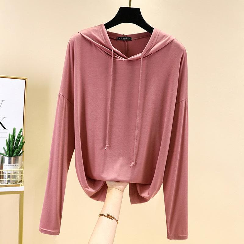 New Ladies Spring and Autumn Modal Long-sleeved T-shirt Large Size Hooded Sweater Loose Bottoming Shirt Solid Color Top Color XL