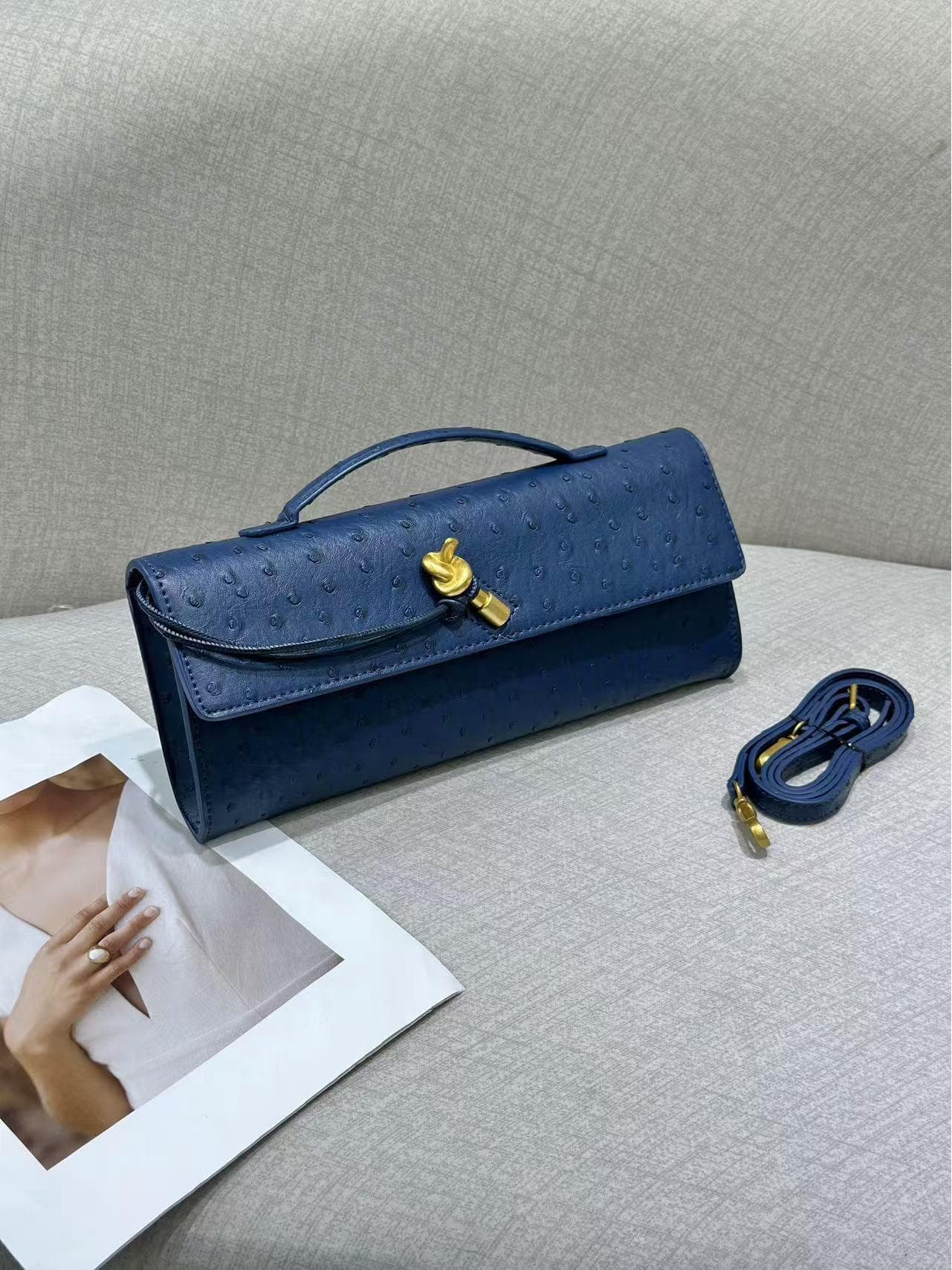 2025 Handmade Ostrich Pattern Baguette Evening Bag - Exquisite Shoulder & Crossbody Handbag Gift Box (Custom Hardware) dark blue