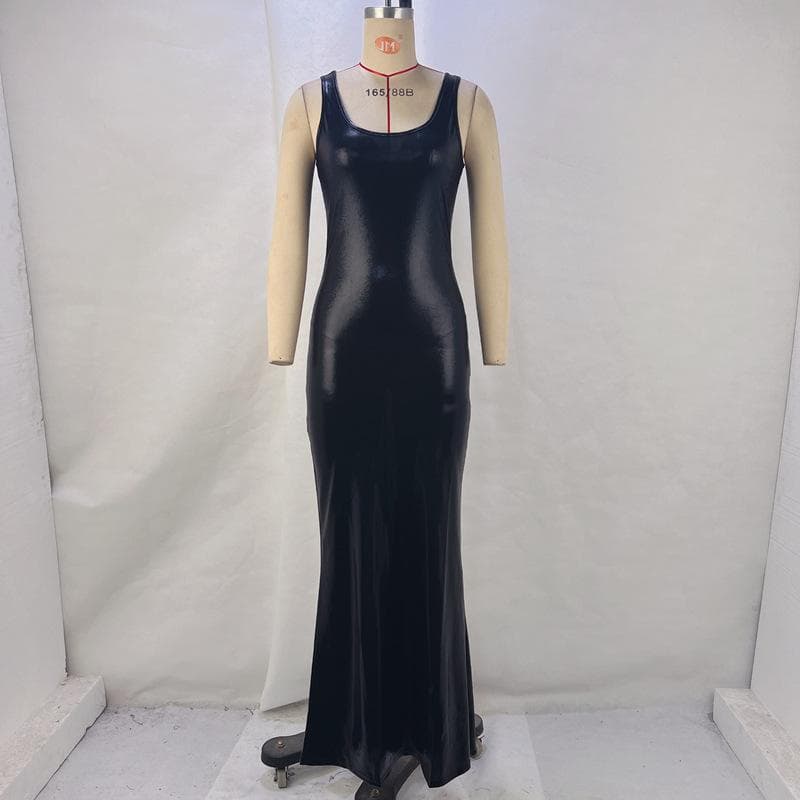 Women's Winter U-neck Solid Color Slit Vest Dress L black