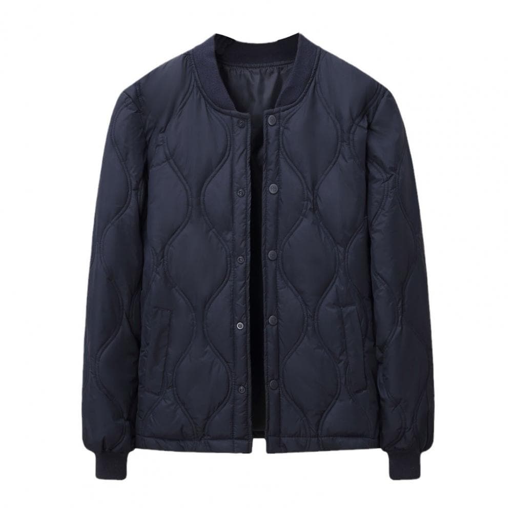 Men Down Coat Stand Collar Long Sleeve Buttons Closure Solid Color Jacket Coat with Side Pockets Outdoor Leisure Bottoming Quilt L navy blue