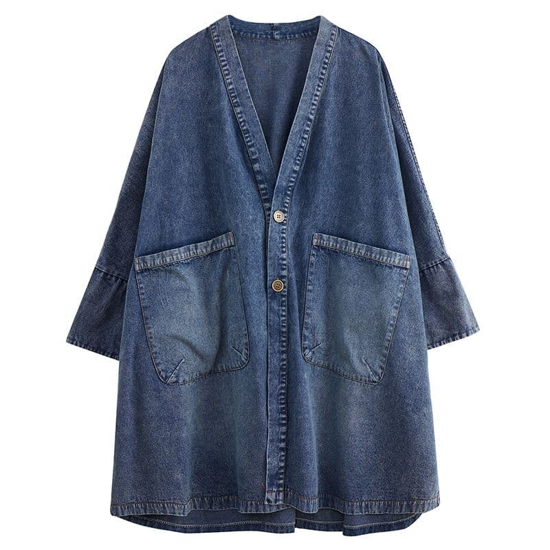 Retro V-neck Big Pocket Denim Jacket Women Autumn Loose Large Version of Long Trench Coat XXL blue
