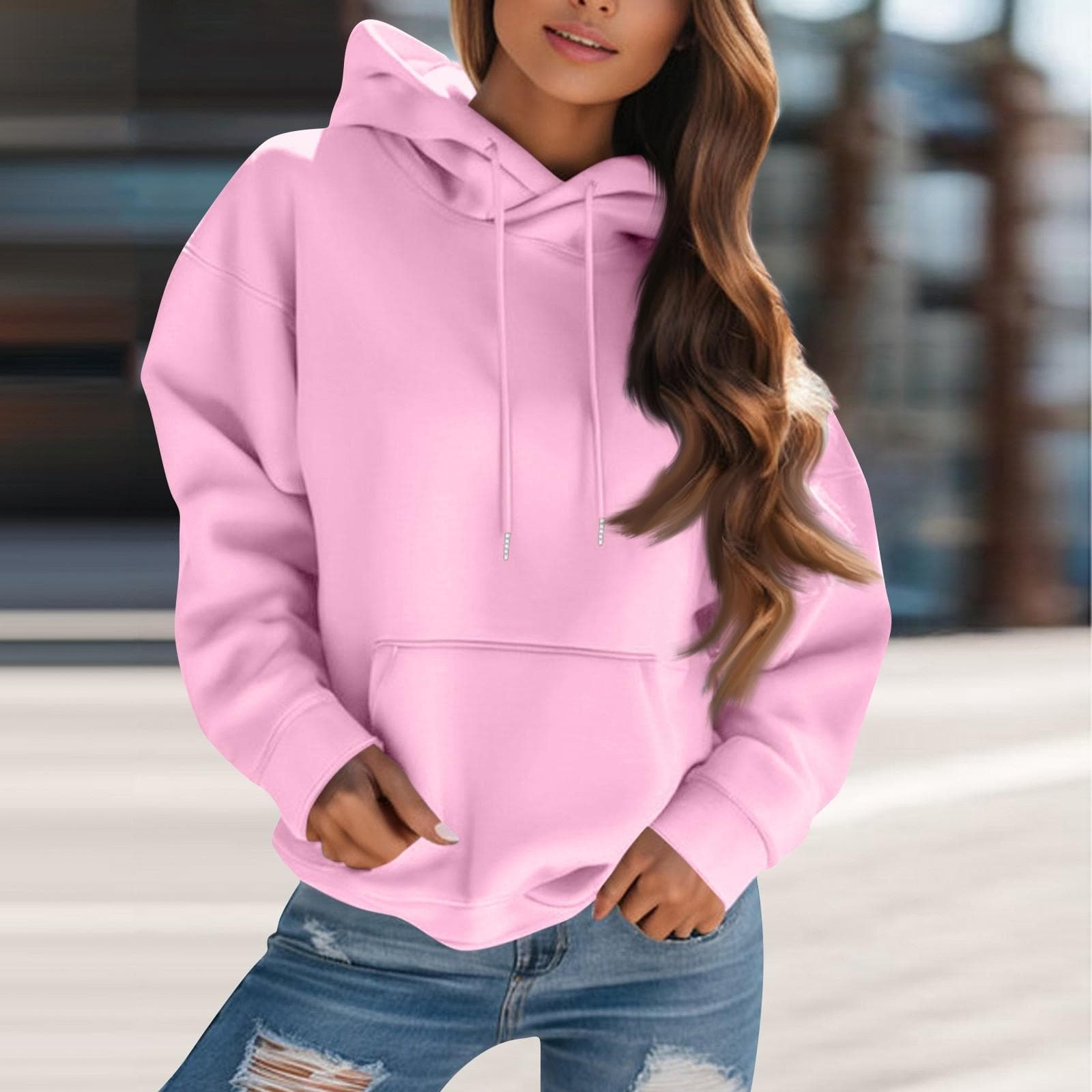 Women's Fashion Solid Color Hooded Drawstring Long Sleeve Loose Pullover Sweatshirt Top XXL pink