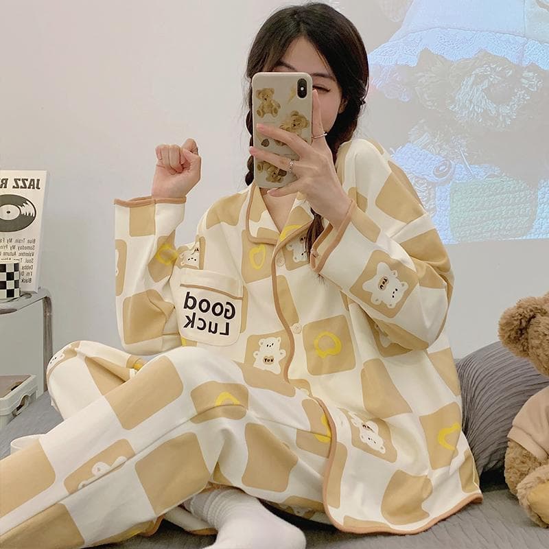 Cute Kawaii Women Pajamas Set Long Sleeves Long Pants Autumn Winter Button Cardigan Sleepwear Soft Pyjamas Cozy Pijamas Girl Pjs 3XL