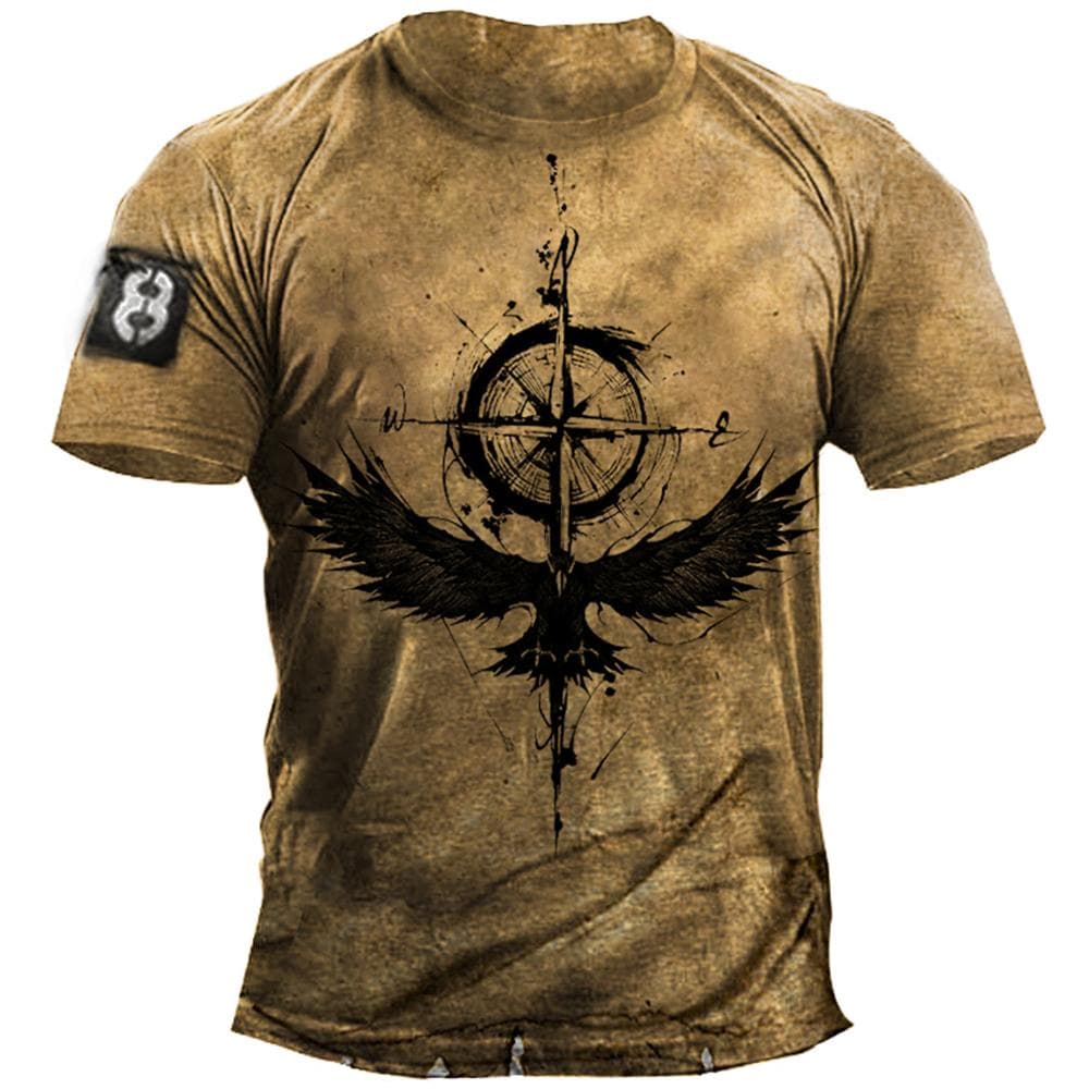 Vintage Men's T-shirt Summer American Shirt Tops Compass Printed Short-sleeve Tees Loose Daily Men Clothing Casual Streetwear S
