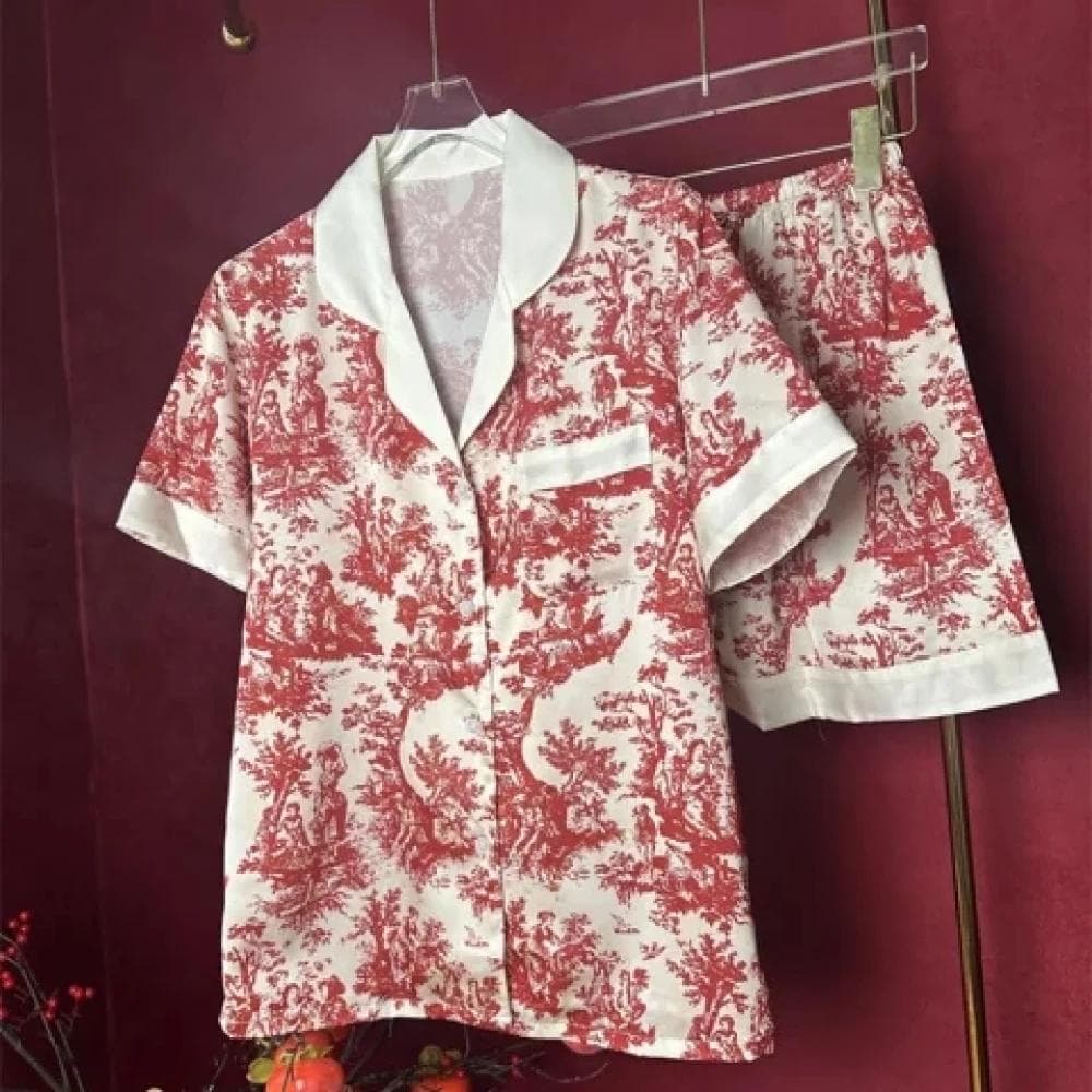 Chinese Style Printed Red Women's Pajamas Short-sleeved Shorts Imitation Silk House Clothes Summer Women's Casual Casual M