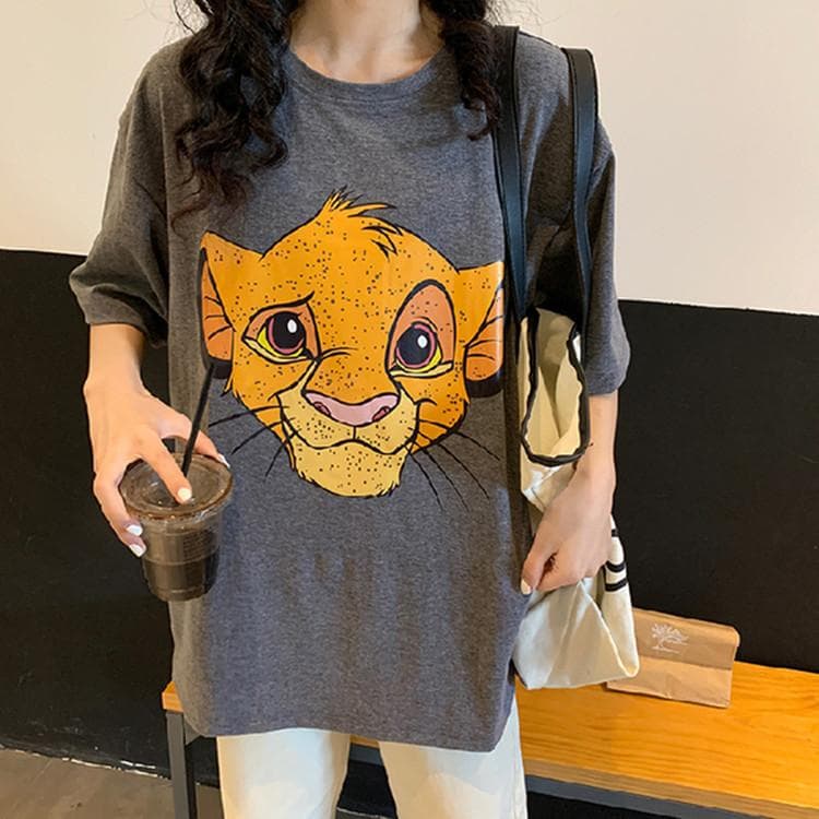 Retro Hong Kong Style Early Spring Short-sleeved Women's New Korean Style Loose Trendy Lion King Printed T-shirt Clothes XXL grey