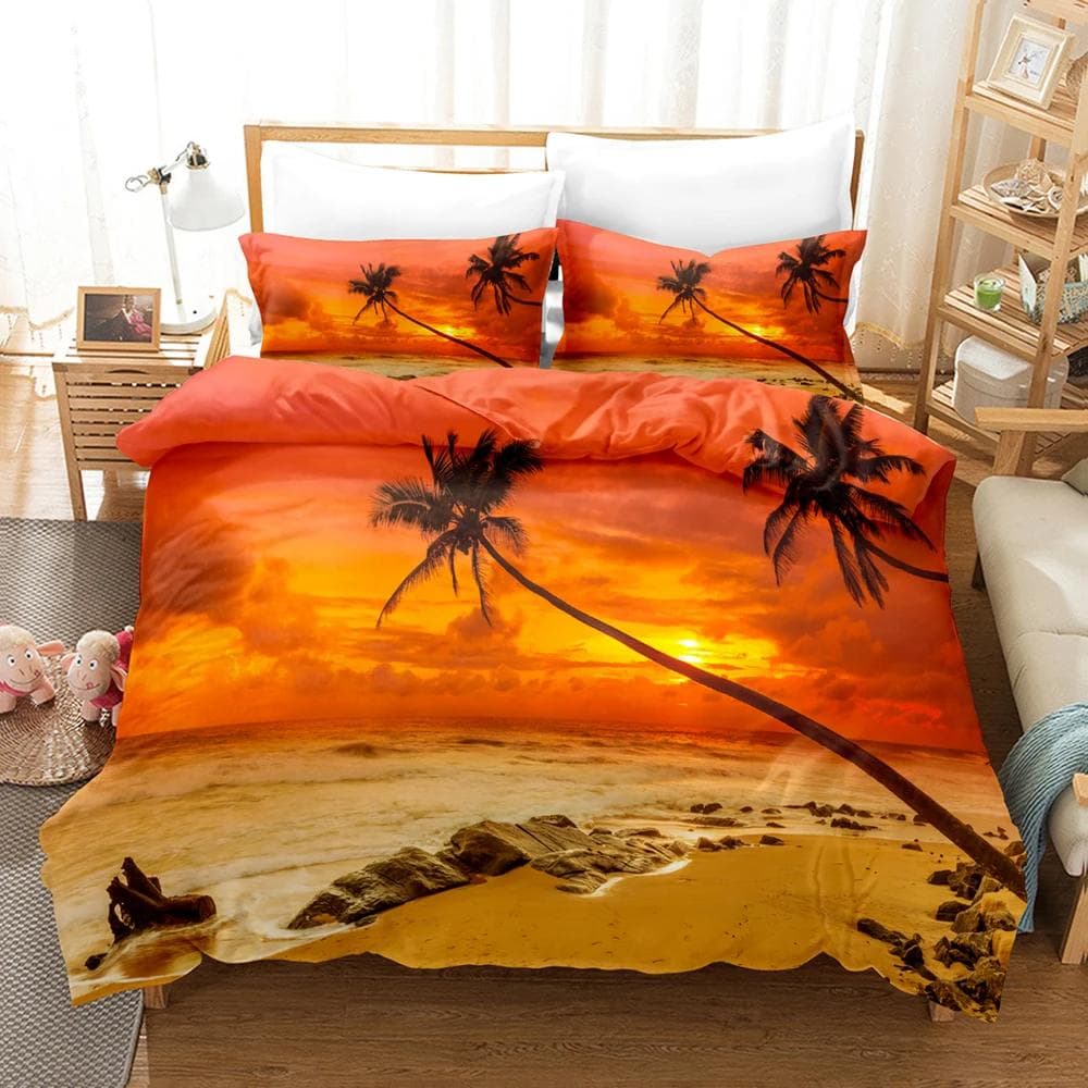 Goldon Sunset Bedding Set Tropical Beach Holiday Duvet Cover Set Girl Bed Cover Set Sunrise Quilt Cover Pillowcase Single Double AU Double(180x210cm)