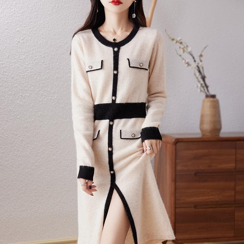 Contrast Color Round Neck Wool Dress for Women In Autumn and Winter New High-end Fashion Slit Skirt Skin-friendly Soft Glutinous Warm Midi Skirt M
